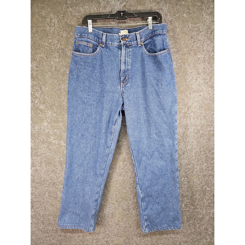 L L Bean Ladies Flannel Lined Jeans, Original Fit, Blue Denim, Cotton, Size 14